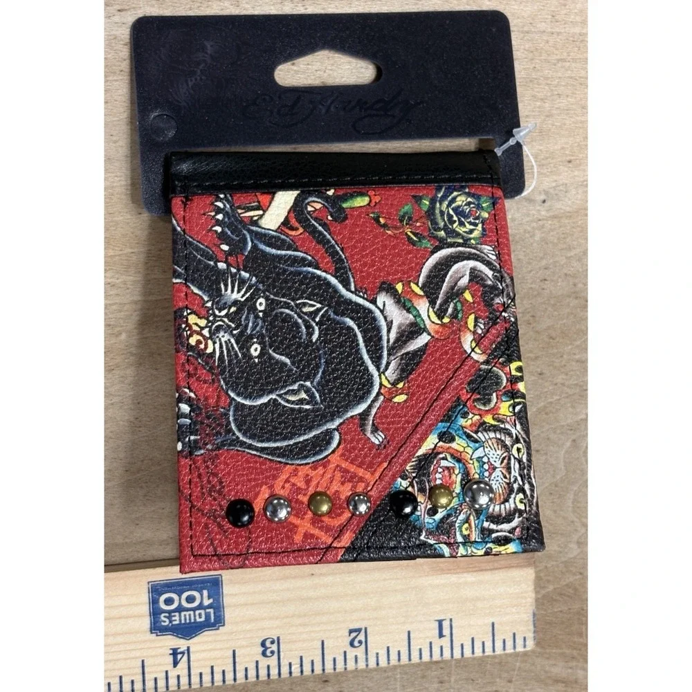 New Ed Hardy Men's Bifold Wallet Red Faux Leather Panther Dragon Heart Tattoo